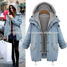 women jeans coat jacket with fleece lining and hoodie for warm winter custom made